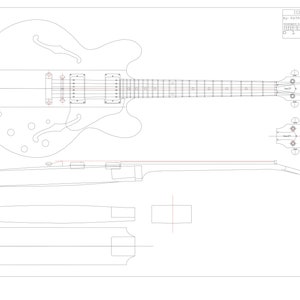 Può includere: Disegno a tratto dettagliato di una chitarra in stile ES335, che mostra il corpo, il manico e la paletta. Include misure in pollici, con il testo "ES335 Style Guitar By Keith Howell".