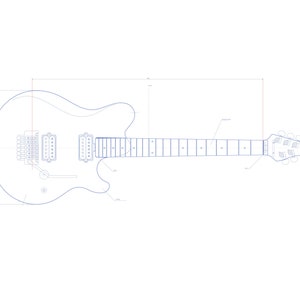 May include: A line drawing of an electric guitar with a solid body and a single cutaway. The guitar has a six-string neck with a headstock at the top. The guitar has two pickups and a bridge with a tremolo bar.