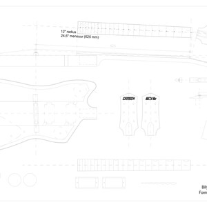Peut inclure: Un plan pour un corps et un manche de guitare, avec des mesures en pouces. Le plan comprend une longueur d'échelle de 24,6 pouces et un rayon de 12 pouces. Le plan comprend également le texte "Billy Bo jupiter thunderbird" et "Formaat: A0 (1189x841mm)" et "Schaal 1:1".