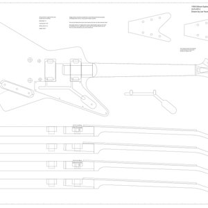 May include: A black and white line drawing blueprint for a 1958 Gibson Explorer guitar. The blueprint includes the body, neck, and headstock of the guitar. The blueprint is labeled "1958 Gibson Explorer Revision 1 22/10/2012 Drawn by Lee Younger".