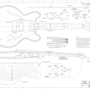 May include: Detailed technical drawing of a hollow-body electric guitar with measurements in inches. The drawing includes the body shape, neck, headstock, and truss rod. The drawing also includes notes on the construction process.