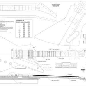 May include: Black and white blueprint for building a guitar. The blueprint includes detailed diagrams of the body, neck, and headstock, as well as a table of fret measurements. The blueprint also includes a diagram of the electronics and a close-up of the bridge.