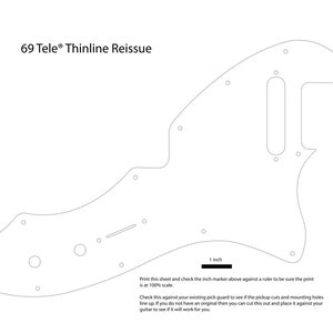 Könnte beinhalten: Eine Schwarzweiß-Linienzeichnung einer Gitarren-Pickguard-Schablone für eine 69 Tele Thinline Reissue Gitarre. Die Schablone enthält Maße in Zoll und Anweisungen zum Abgleichen der Größe mit einem vorhandenen Pickguard.