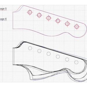 以下が含まれることがあります： 6つのチューニングペグホールを持つギターヘッドストックの線画。ヘッドストックは黒で縁取られ、赤と青のアウトラインがあります。左上の隅に「ページ5」と「ページ6」のテキストが表示されています。