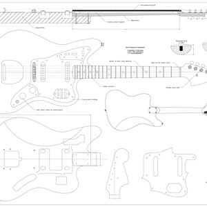 Peut inclure: Un plan détaillé pour la construction d'une guitare. Le plan comprend un contour de la caisse de la guitare à taille réelle, un gros plan de la tête et un tableau de mesures pour la touche.