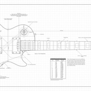 May include: A detailed technical drawing of a black electric guitar with measurements in inches. The drawing includes the body, neck, headstock, and fretboard. The drawing also includes a table with measurements for each part of the guitar.