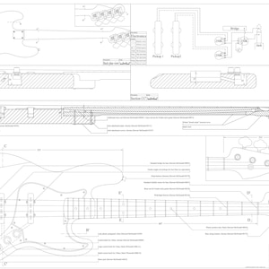 Könnte beinhalten: Eine technische Konstruktionszeichnung einer E-Bassgitarre im Fender Jazz-Stil mit detaillierten Schaltplänen, Querschnittsansichten, Elektronik-Verkabelungsdiagrammen und präzisen Maßen in Millimetern für Korpus, Hals und Hardware-Komponenten.