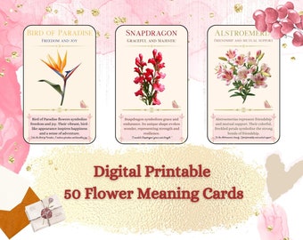 50 Printable Flower Meaning Cards, Flower Language Cards, Love Cards with Meaning of Flowers, Valentine Card with Meaning of Flower, 300dpi