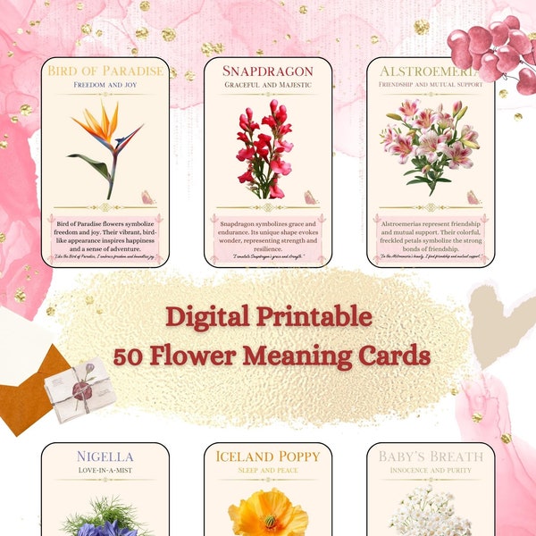 50 Printable Flower Meaning Cards, Flower Language Cards, Love Cards with Meaning of Flowers, Valentine Card with Meaning of Flower, 300dpi