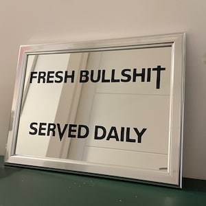 Peut inclure: Un miroir encadré argent avec le texte "FRESH BULLSHIT SERVED DAILY" en lettres noires.