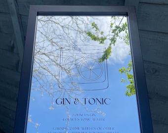 Op de afbeelding: Een zwarte spiegel met een wit geëtst ontwerp van een gin tonic cocktail. De tekst luidt "GIN & TONIC", "2 OUNCES GIN", "4 OUNCES TONIC WATER" en "GARNISH 2 LIME WHEELS OR OTHER SEASONAL GARNISHES AS YOU MAY PREFER".