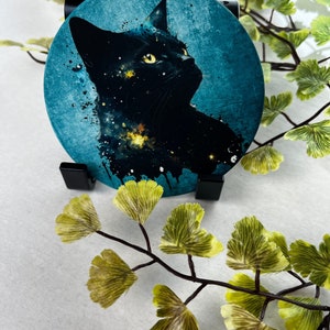 Black Cat Coasters Set(s) Mystical Feline Design with Blues and Celestial Accents, Cat Home Decor Gothic Look Barware Birthday Hostess Gift