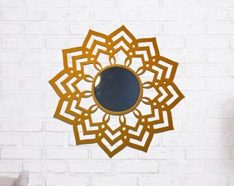 Handgjord träväggkonst med spegel – Mandala Sunburst-design – Elegant och modern heminredning