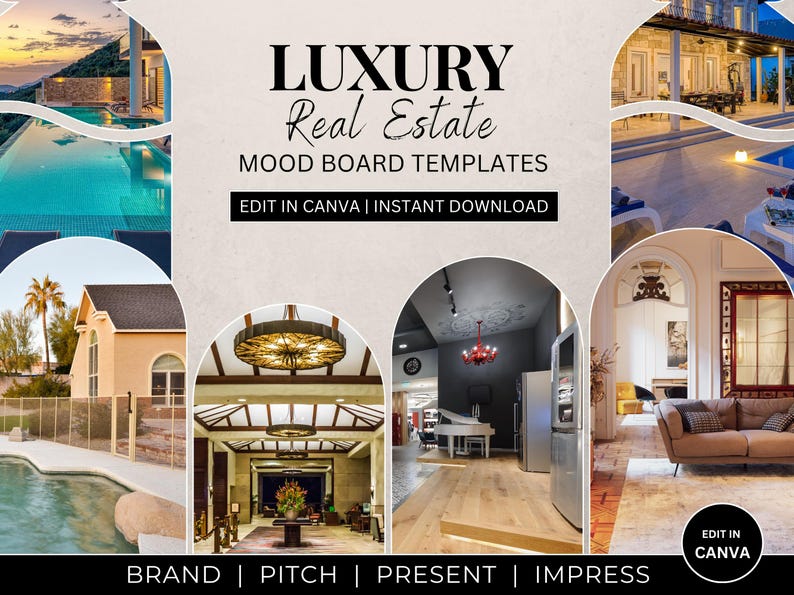 May include: Luxury Real Estate Mood Board Templates with text reading LUXURY Real Estate MOOD BOARD TEMPLATES, EDIT IN CANVA | INSTANT DOWNLOAD, and BRAND | PITCH | PRESENT | IMPRESS. Features six circular and arched photo frames showing homes.