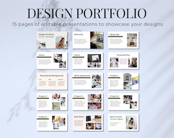 May include: A design portfolio template with the title "DESIGN PORTFOLIO" at the top. The image showcases 15 pages of editable presentations. Each page has a title, such as "Welcome" and "About Me", and includes images and text. The template is designed to showcase designs.
