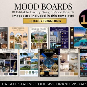 May include: A digital template set titled MOOD BOARDS featuring 10 editable luxury design mood boards. The collection includes various architectural and interior design themes with text labels like THE LOFT SERIES, DESERT MODERN LIVING, and COASTAL LIVING.