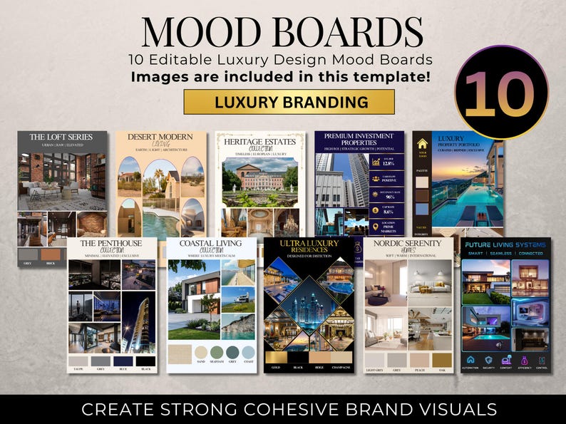 May include: A digital template set titled MOOD BOARDS featuring 10 editable luxury design mood boards. The collection includes various architectural and interior design themes with text labels like THE LOFT SERIES, DESERT MODERN LIVING, and COASTAL LIVING.