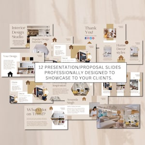Peut inclure: Un ensemble de 12 diapositives de présentation conçues pour les studios de design d'intérieur. Les diapositives présentent des images d'intérieurs de maisons modernes, avec une palette de couleurs neutres beige, marron et blanc. Le texte sur les diapositives comprend des phrases comme "Studio de design d'intérieur", "Intérieurs de design populaires", "Styles de décoration intérieure" et "Ce qui est tendance ?"