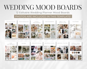 Wedding planner mood boards, easily editable in CANVA FREE account. 12 minimal, modern aesthetic designs to help plan your wedding venue.