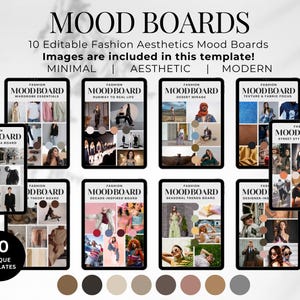 May include: A digital product featuring 10 editable fashion mood board templates. Each template, displayed on a tablet, showcases a different aesthetic, including wardrobe essentials, runway looks, and seasonal trends. The image includes the text "MOOD BOARDS".