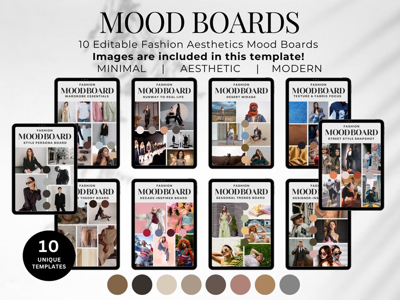 May include: A digital product featuring 10 editable fashion mood board templates. Each template, displayed on a tablet, showcases a different aesthetic, including wardrobe essentials, runway looks, and seasonal trends. The image includes the text "MOOD BOARDS".