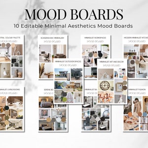 Plantilla de mood board. 10 mood boards editables y totalmente personalizables para adaptarse a su marca o proyectos personales. Estética minimalista. Fácil de editar.