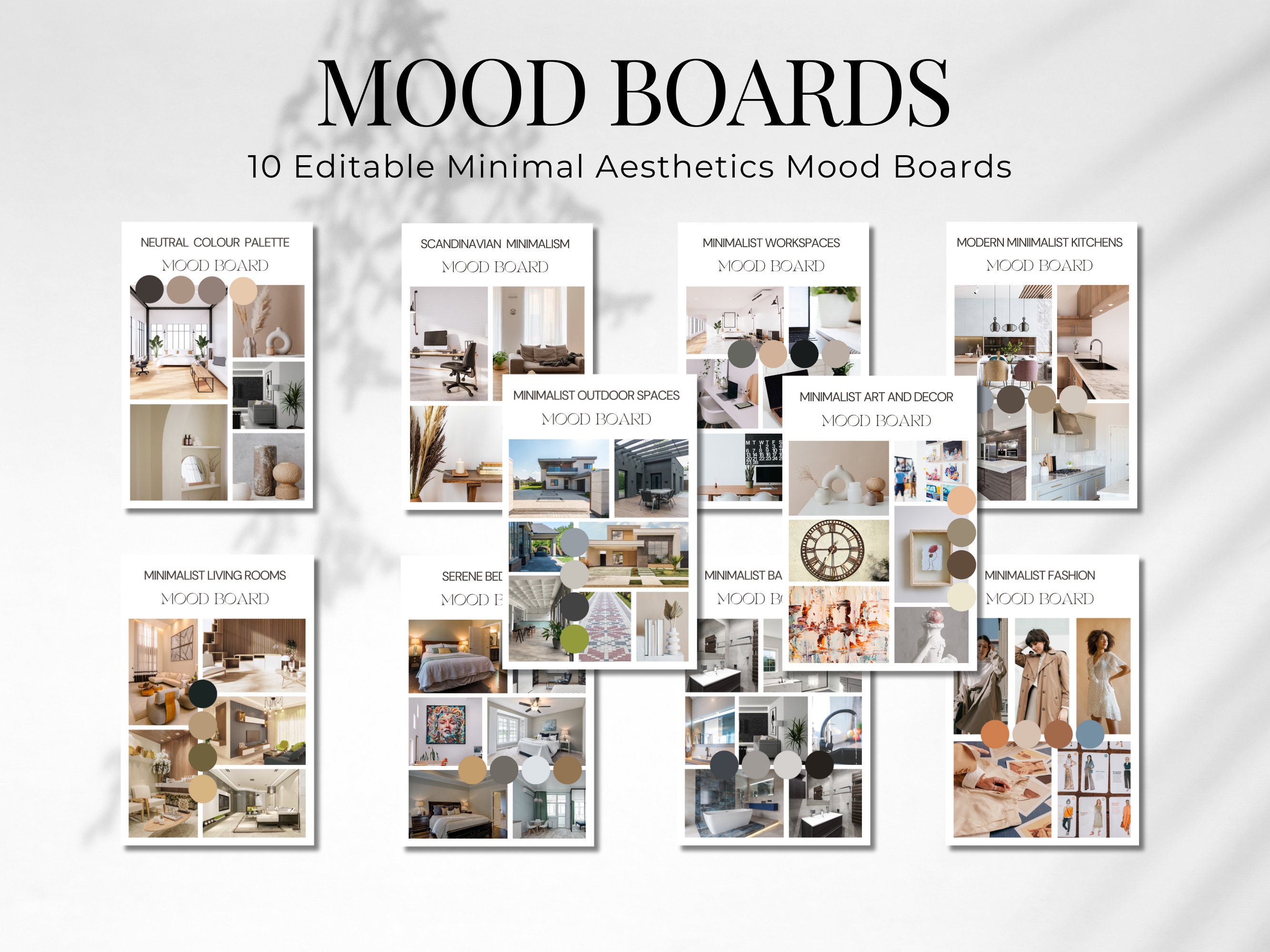 Mood board template. 10 editable mood boards fully customisable to suit your branding or personal projects. Minimal aesthetic. Easy to edit.