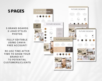 Brand board kit, Branding template, Editable in Canva, 5 Brand Boards fully customisable, Branding kit, Professional modern minimalistic kit