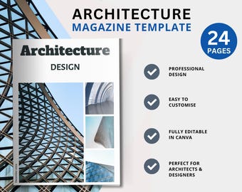 Architecture Magazine Template: Ebook, Sleek Business Brochure (Digital Download). Fully editable in Canva Free account. 24 pages in total.