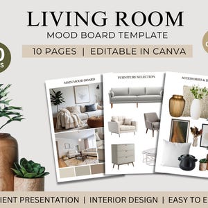 Könnte beinhalten: Eine digitale Moodboard-Vorlage für Wohnzimmer mit 10 Seiten, bearbeitbar in Canva. Das Design enthält Text wie LIVING ROOM MOOD BOARD TEMPLATE, 10 PAGES und EDITABLE IN CANVA und zeigt Innenarchitektur-Layouts mit Möbeln und Dekoration.