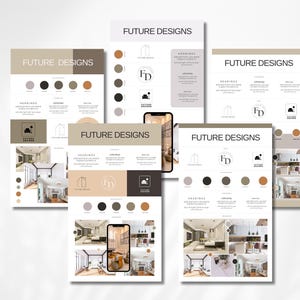 May include: Five different mockups of a brand identity design for a company called "Future Designs". The mockups feature a logo, color palette, and typography. The logo is a stylized "FD" in a black circle. The color palette includes black, white, gray, brown, and beige. The typography is a simple sans-serif font.