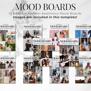 Plantilla de mood board. 10 mood boards editables y totalmente personalizables para adaptarse a tu marca o proyectos personales. Estilo de moda minimalista.