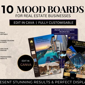 May include: A digital template set titled 10 MOOD BOARDS FOR REAL ESTATE BUSINESSES, featuring editable layouts for property portfolios. The graphics display luxury homes, swimming pools, and cityscapes with gold, black, and beige color palettes.