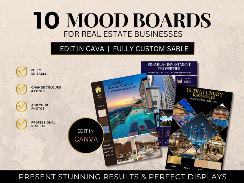 May include: A digital template set titled 10 MOOD BOARDS FOR REAL ESTATE BUSINESSES, featuring editable layouts for property portfolios. The graphics display luxury homes, swimming pools, and cityscapes with gold, black, and beige color palettes.
