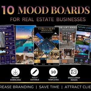 May include: A digital collection of 10 mood boards for real estate businesses, featuring five vertical templates with architectural photography, color palettes, and text labels like Premium Investment Properties and Ultra Luxury Residences.