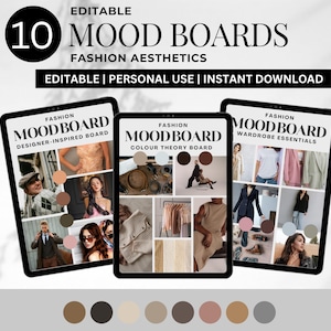 May include: Three digital tablets displaying fashion mood boards. The tablets feature the text "MOOD BOARD" and "FASHION" with the subheadings "DESIGNER-INSPIRED BOARD", "COLOUR THEORY BOARD", and "WARDROBE ESSENTIALS". The image also includes the text "EDITABLE" and "10 MOOD BOARDS".