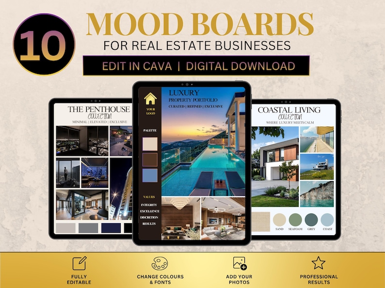 May include: A digital download set of 10 mood boards for real estate businesses, featuring three tablet screens displaying property portfolios with text including 10 MOOD BOARDS FOR REAL ESTATE BUSINESSES, EDIT IN CAVA, and DIGITAL DOWNLOAD.