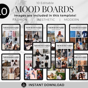 Peut inclure: Un produit numérique avec 10 mood boards modifiables, chacun affiché sur une tablette. Les tableaux présentent des thèmes de mode, avec des images liées à l'esthétique et au design moderne. Le texte comprend "10 Mood Boards modifiables" et "Téléchargement instantané".