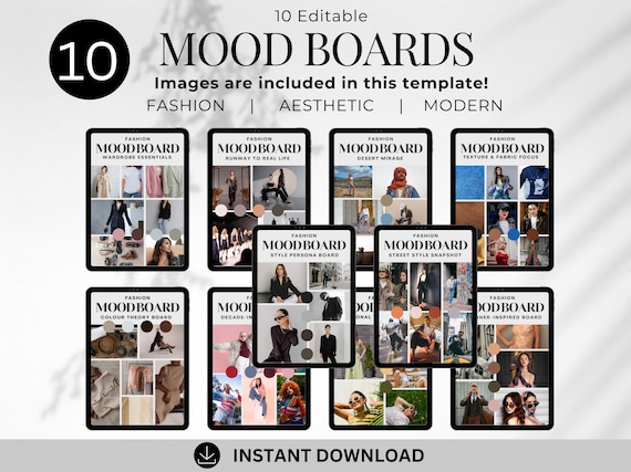 Editable Mood Board Template: Minimalist Fashion Style (10 Boards - Fully editable in Canva) Images are included for inspiration/ideas.
