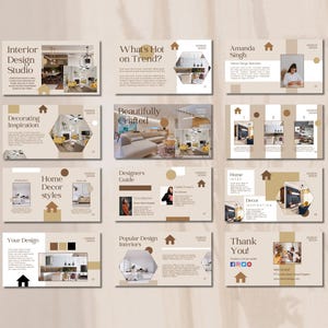 May include: A presentation about interior design services. The slides feature images of various rooms, furniture, and decor. The text on the slides includes "Interior Design Studio", "What's Hot on Trend?", "Decorating Inspiration", "Beautifully Crafted", "Home Decor Styles", "Designers Guide", "Your Design", "Popular Design Interiors", "Thank You!" and "Amanda Singh".