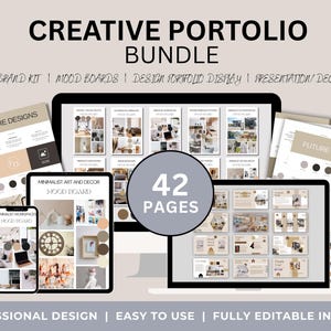 Pode incluir: Um pacote de portfólio criativo digital com 42 páginas de modelos para kits de marca, painéis de inspiração e apresentações. A exibição mostra vários layouts em um monitor de computador, tablet e folhas impressas com paletas neutras.