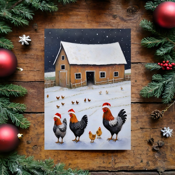 Christmas Card, digital download Christmas card, Chickens,  Chicken Christmas card, digital download, Christmas art, Chicken art