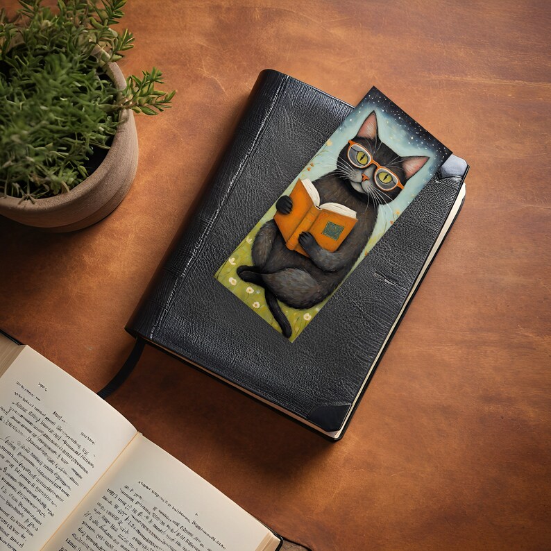 May include: A black cat wearing glasses sits on a green and white patterned background, reading a yellow book. The bookmark is a rectangular shape with a blue background and white stars.
