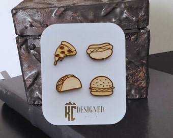 Wooden lapel pin | Fast food-themed Backpack pin | Laser engraved gift | Push pins | Corkboard accessory