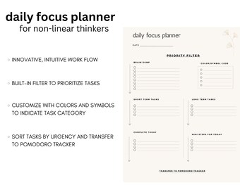 May include: A daily focus planner for non-linear thinkers. The planner has sections for brain dump, short-term tasks, long-term tasks, complete today, and mini steps for today. It also includes a priority filter with a color/symbol code.