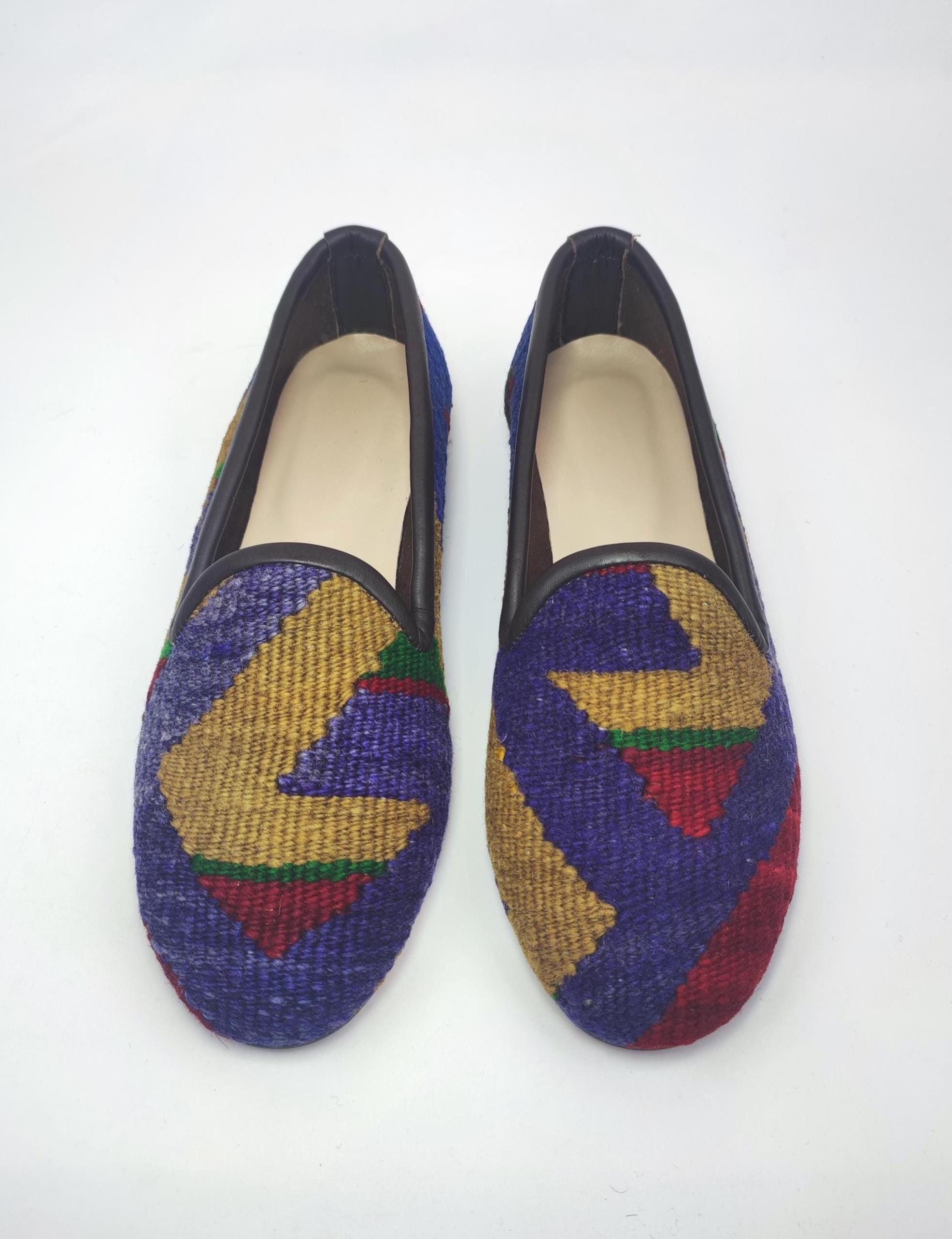 38EU/8US/6UK Women Original Kilim shoes, Vintage Handwoven  Kilim Shoes, Leather Sole Kilim Loafer, One of a Kind Kilim slip ons, Boho Chic
