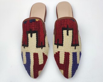 Mules Kilim tejidas a mano: zapatillas de estilo turco vintage, talla 37 UE/7 EE. UU./5 Reino Unido