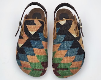 39 EU/ 9 US/ 7 UK Handwoven Kilim Clogs: Women's shoes with adjustable Buckles