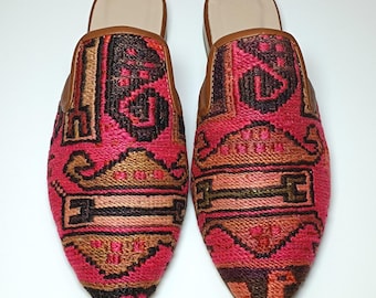 Handcrafted Sumak Kilim Mules: Leather Sole Slides (38EU/8US)
