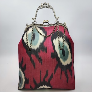 Bolso de İkat de seda XL con cierre de beso para mujer, bolso de hombro İkat vintage único, bolso İkat con asa superior, bolso de hombro para mujer